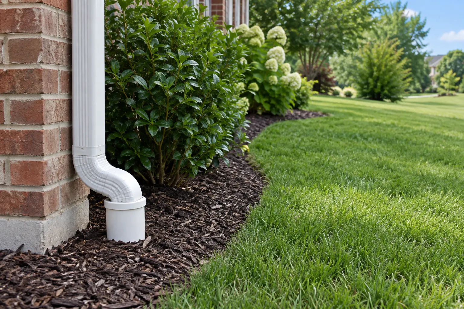 Illustrative downspout connected to an underground drain beside a home
