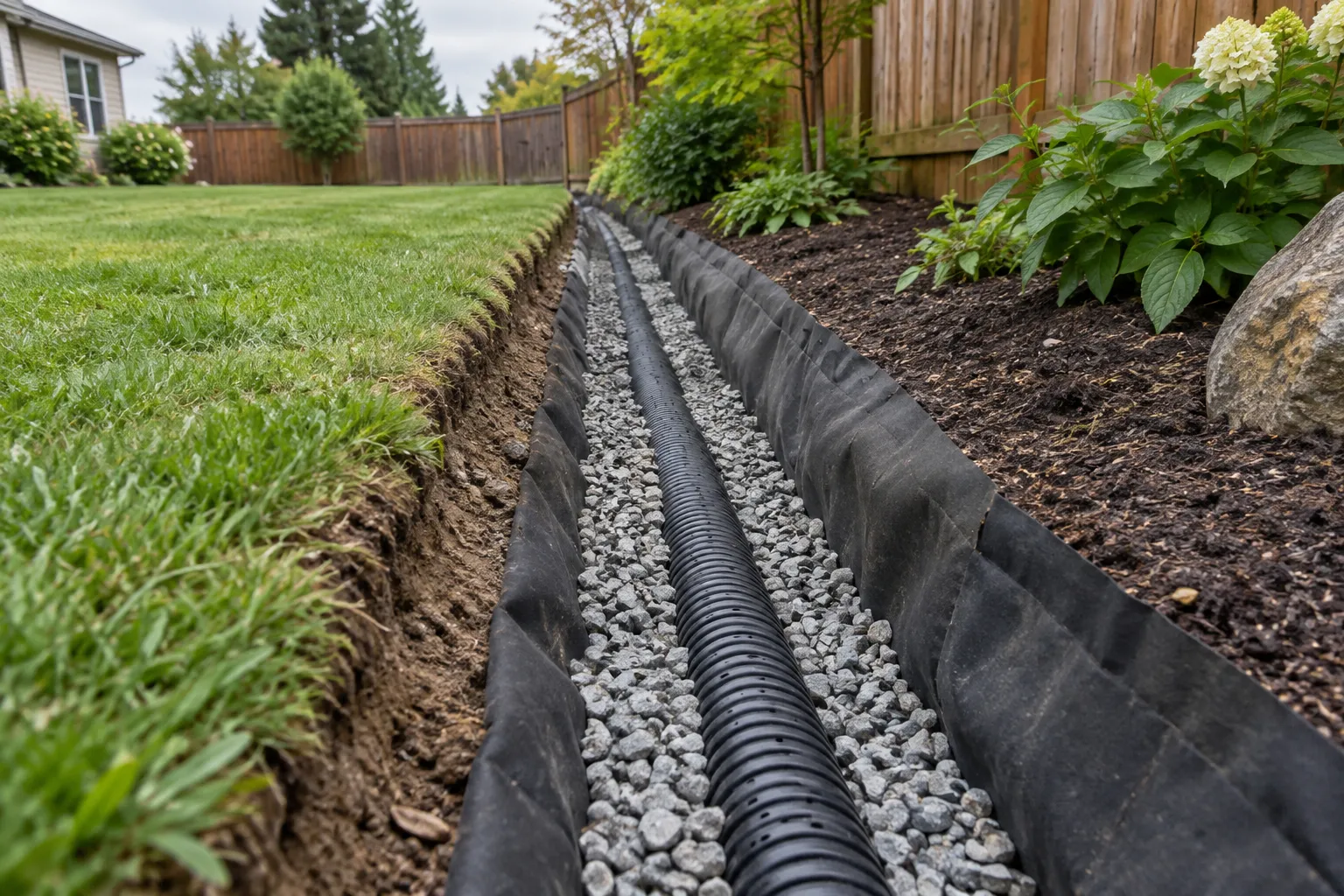 Illustrative French drain trench with gravel, fabric and drainage pipe